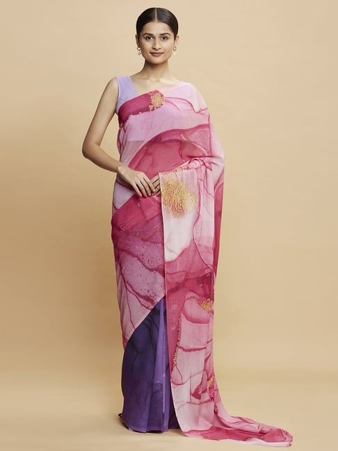 Navyasa Pink Liva Georgette Abstract Printed Saree With Coordinated Unstitched Blouse Piece Price in India
