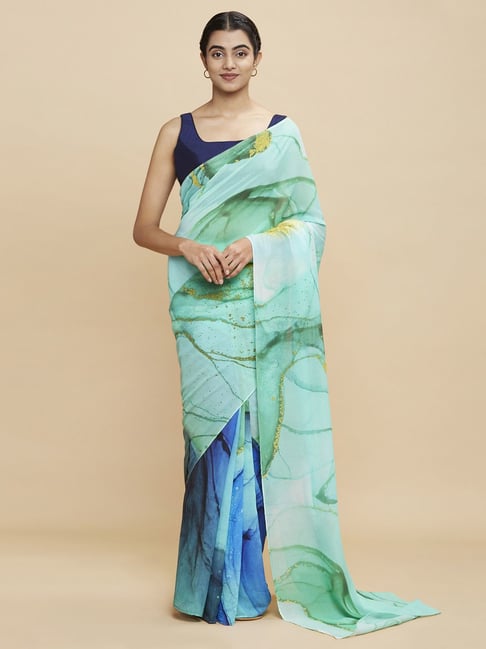Navyasa Green Liva Georgette Abstract Printed Saree With Coordinated Unstitched Blouse Piece Price in India
