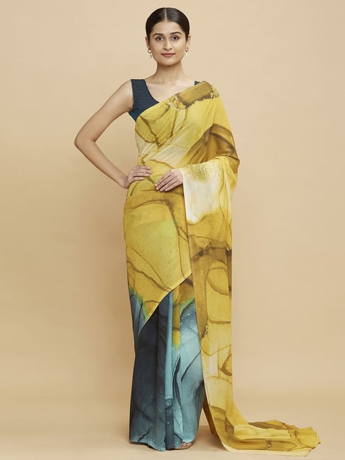 Navyasa Yellow Liva Georgette Abstract Printed Saree With Coordinated Unstitched Blouse Piece Price in India