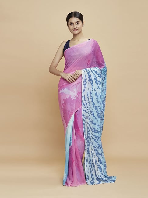 Navyasa Powder Blue Liva Georgette Abstract Printed Saree With Coordinated Unstitched Blouse Piece Price in India