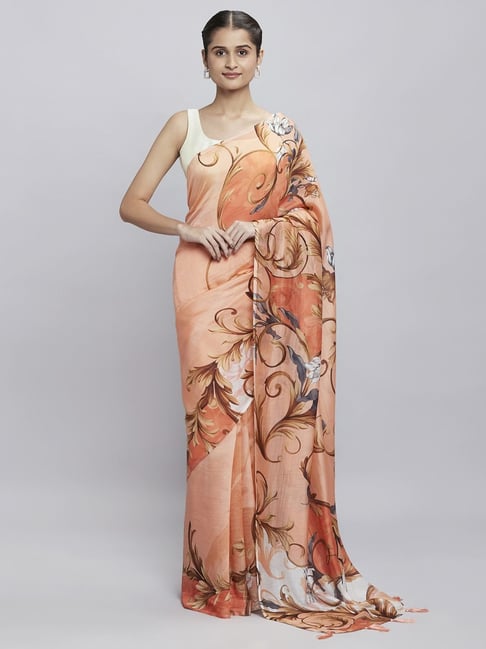 Navyasa Peach liva Organza Floral Printed Saree With Coordinated Unstitched Blouse Piece Price in India