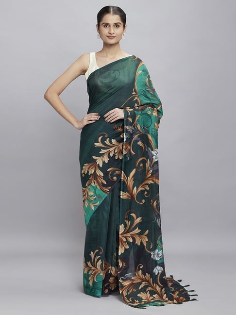Navyasa Bottle Green liva Organza Floral Printed Saree With Coordinated Unstitched Blouse Piece Price in India