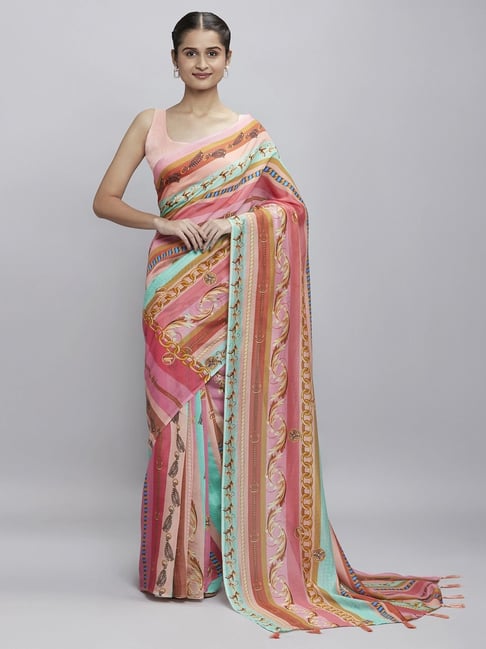 Navyasa Pink liva Organza Floral Printed Saree With Coordinated Unstitched Blouse Piece Price in India