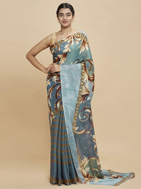 Navyasa Powder Blue Liva Lite Floral Printed Saree With Coordinated Unstitched Blouse Piece Price in India