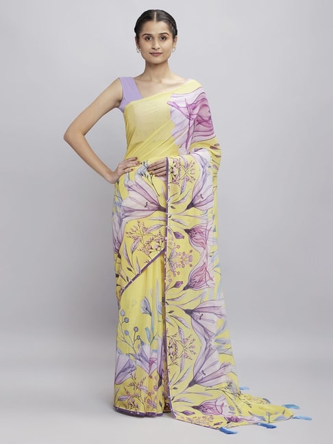 Navyasa Yellow Liva Georgette Floral Printed Saree With Coordinated Unstitched Blouse Piece Price in India