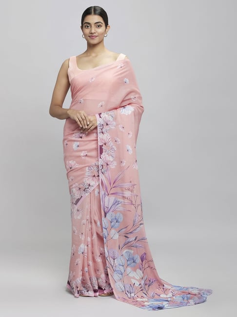 Navyasa Pink Quartz Liva Georgette Floral Printed Saree With Coordinated Unstitched Blouse Piece Price in India