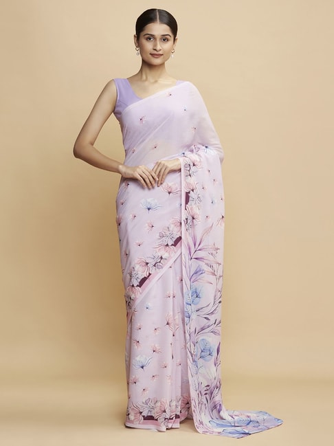 Navyasa Lavender Liva Georgette Floral Printed Saree With Coordinated Unstitched Blouse Piece Price in India