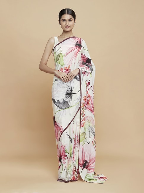 Navyasa Cream Liva Crepe Floral Printed Saree With Coordinated Unstitched Blouse Piece Price in India