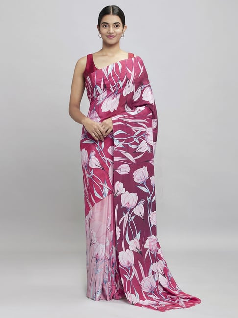 Navyasa Magenta Liva Crepe Floral Printed Saree With Coordinated Unstitched Blouse Piece Price in India