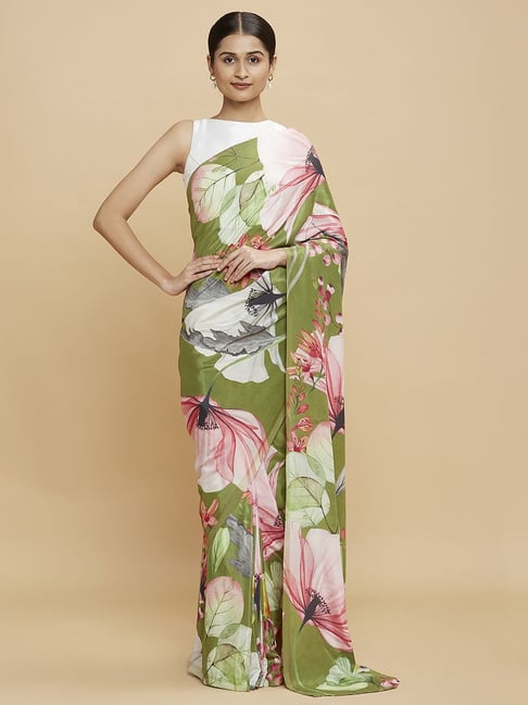 Navyasa Olive Liva Crepe Floral Printed Saree With Coordinated Unstitched Blouse Piece Price in India