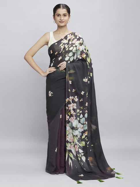 Navyasa Black Liva Georgette Floral Printed Saree With Coordinated Unstitched Blouse Piece Price in India