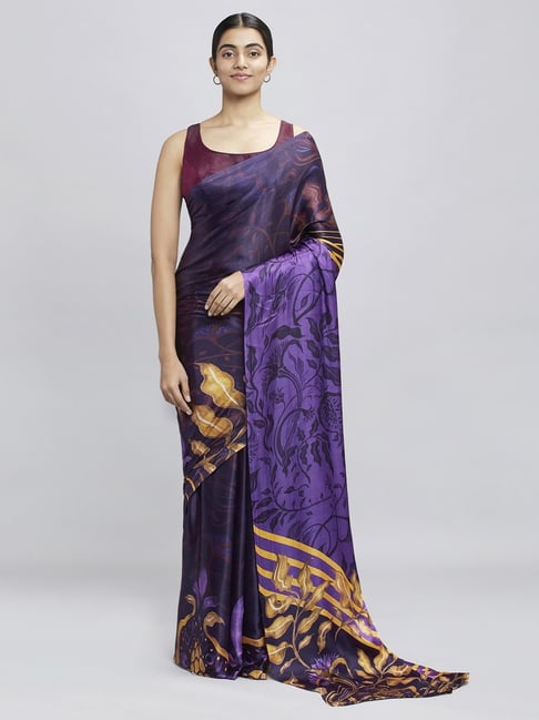 Navyasa Deep Purple Liva Satin Floral Printed Saree With Coordinated Unstitched Blouse Piece Price in India