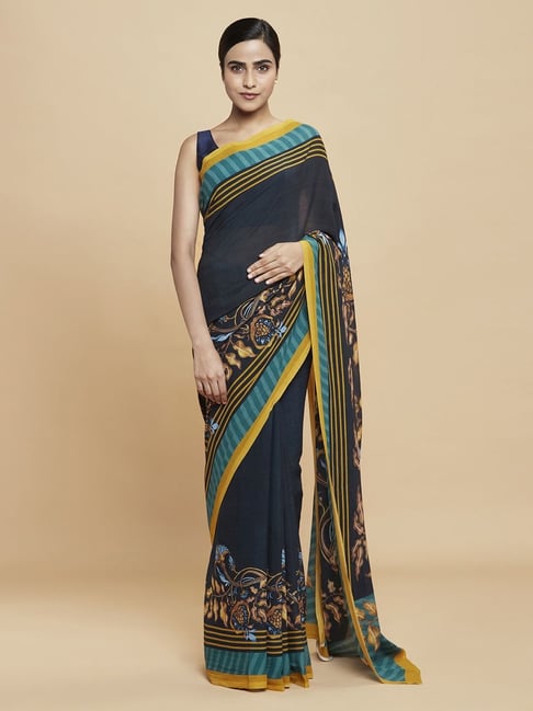 Navyasa Dark Blue Liva Georgette Floral Printed Saree With Coordinated Unstitched Blouse Piece Price in India