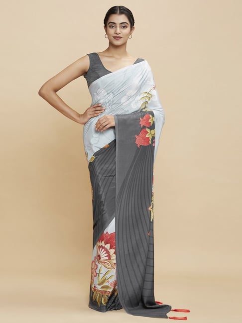 Navyasa Powder Blue Liva Crepe Floral Printed Saree With Coordinated Unstitched Blouse Piece Price in India