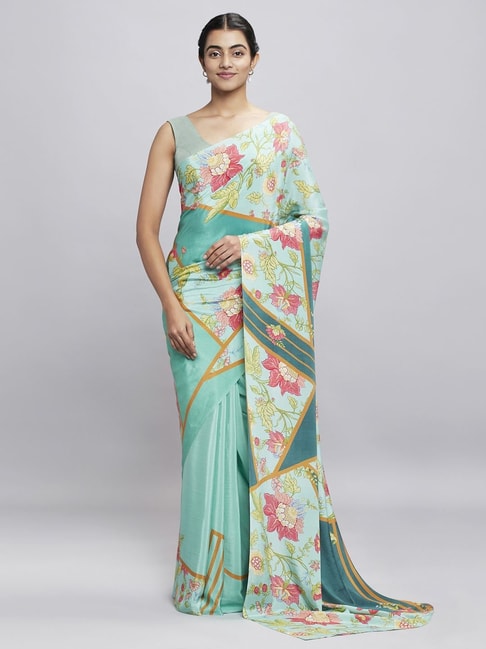 Navyasa Aqua Blue Liva Crepe Floral Printed Saree With Coordinated Unstitched Blouse Piece Price in India