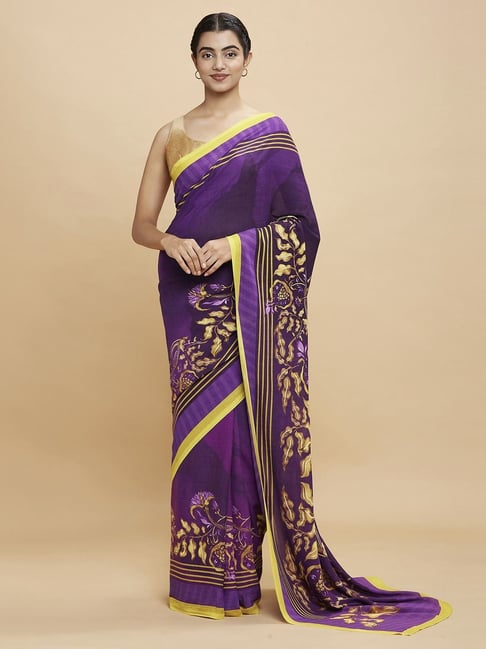 Navyasa Deep Purple Liva Georgette Floral Printed Saree With Coordinated Unstitched Blouse Piece Price in India