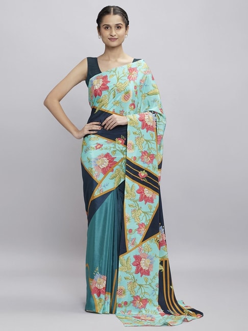 Navyasa Dark Blue Liva Crepe Floral Printed Saree With Coordinated Unstitched Blouse Piece Price in India