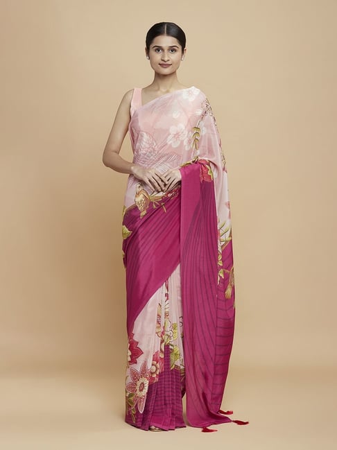 Navyasa Peach Liva Crepe Floral Printed Saree With Coordinated Unstitched Blouse Piece Price in India