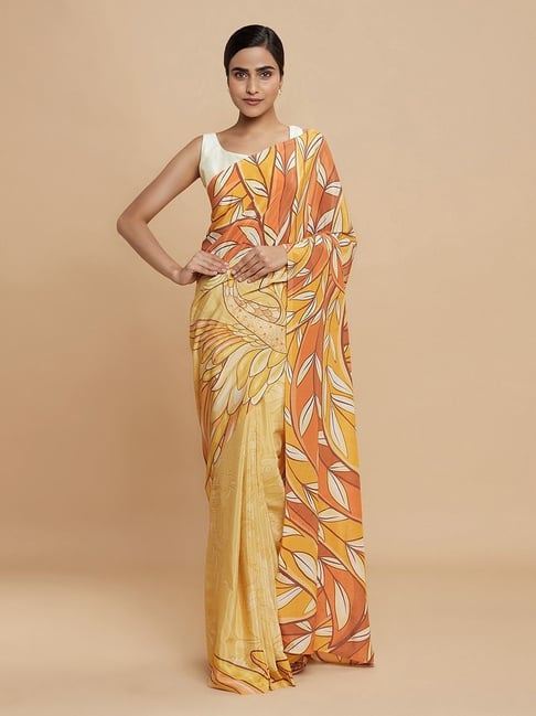 Navyasa Dark Beige Liva Crepe Floral Printed Saree With Coordinated Unstitched Blouse Piece Price in India