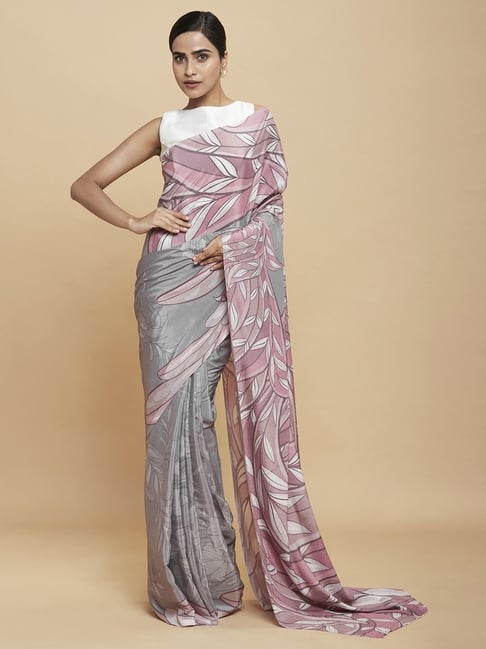 Navyasa Grey Liva Crepe Floral Printed Saree With Coordinated Unstitched Blouse Piece Price in India