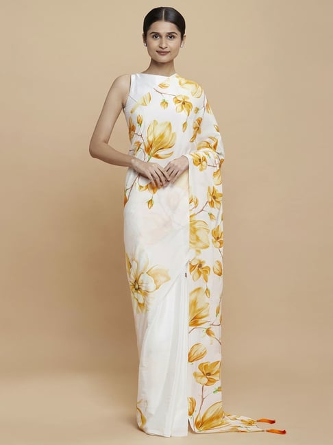 Navyasa Mustard Liva Crepe Abstract Printed Saree With Coordinated Unstitched Blouse Piece Price in India