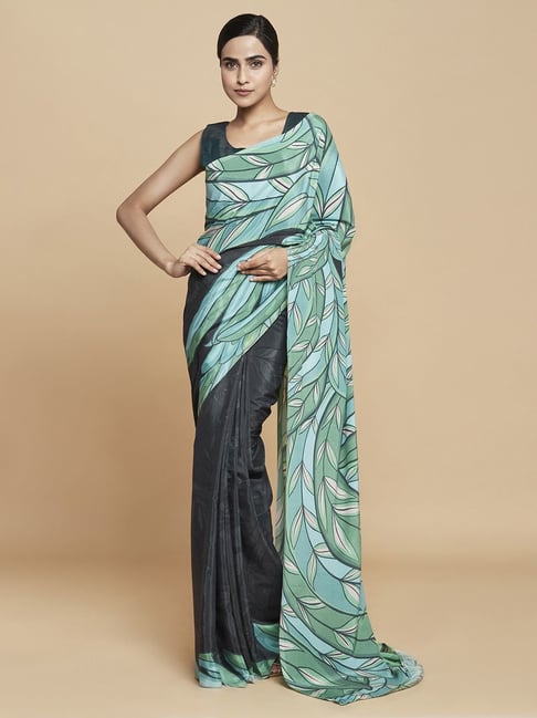 Navyasa Dark Navy Liva Crepe Floral Printed Saree With Coordinated Unstitched Blouse Piece Price in India