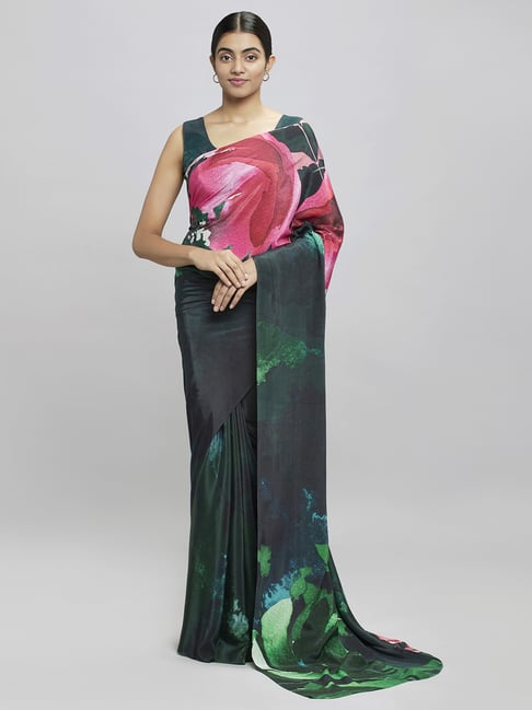 Navyasa Bottle Green Liva Crepe Floral Printed Saree With Coordinated Unstitched Blouse Piece Price in India