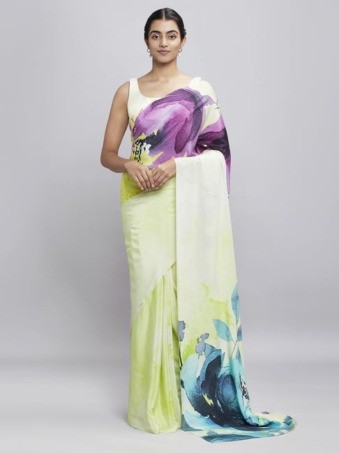 Navyasa Lime Green Liva Crepe Floral Printed Saree With Coordinated Unstitched Blouse Piece Price in India