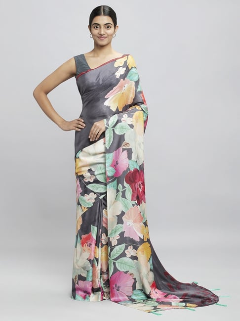 Navyasa Dark Grey Liva Satin Floral Printed Saree With Coordinated Unstitched Blouse Piece Price in India