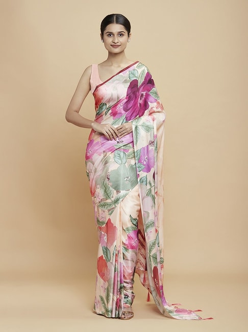 Navyasa Peach Liva Satin Floral Printed Saree With Coordinated Unstitched Blouse Piece Price in India
