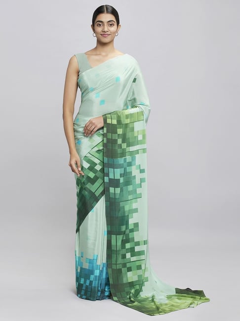 Navyasa Powder Green Liva Crepe Geometric Printed Saree With Coordinated Unstitched Blouse Piece Price in India
