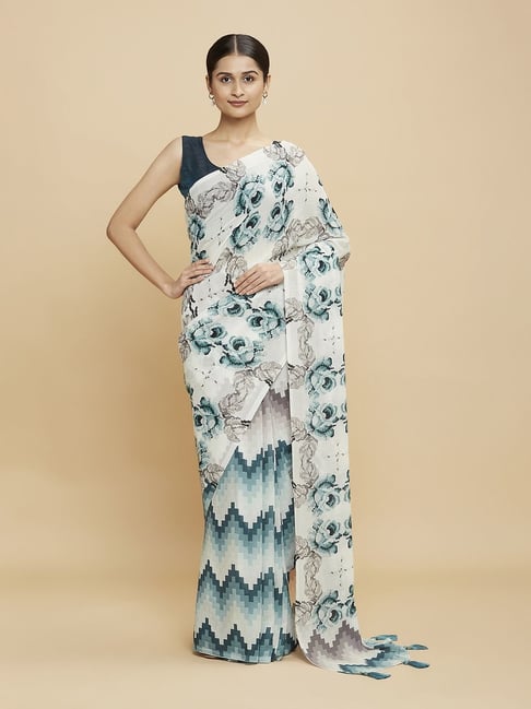 Navyasa Sky Blue Liva Georgette Geometric Printed Saree With Coordinated Unstitched Blouse Piece Price in India