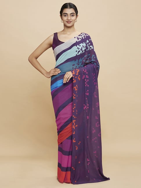 Navyasa Purple Liva Georgette Geometric Printed Saree With Coordinated Unstitched Blouse Piece Price in India