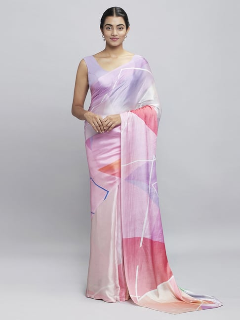 Navyasa Powder Pink Liva Satin Geometric Printed Saree With Coordinated Unstitched Blouse Piece Price in India