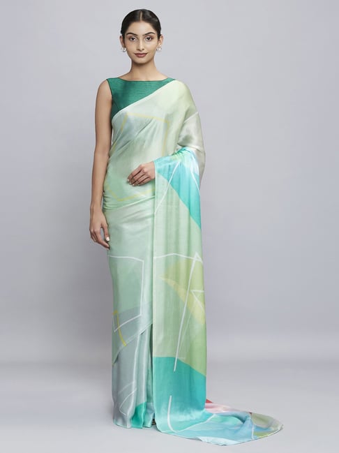 Navyasa Sea Green Liva Satin Geometric Printed Saree With Coordinated Unstitched Blouse Piece Price in India
