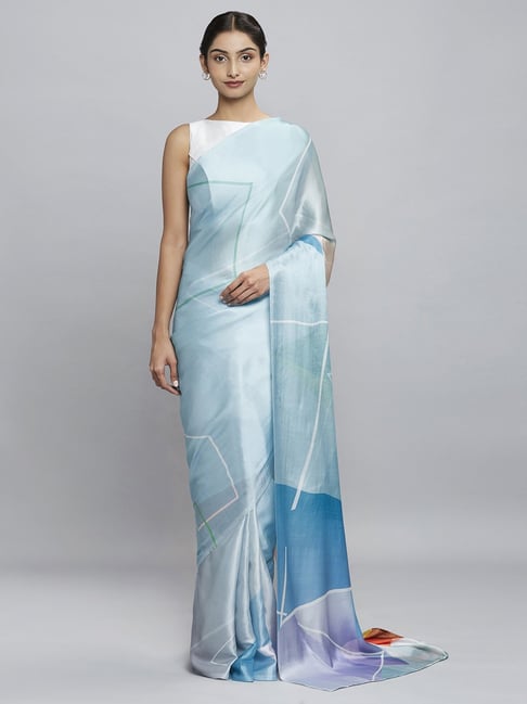 Navyasa Sky Blue Liva Satin Geometric Printed Saree With Coordinated Unstitched Blouse Piece Price in India