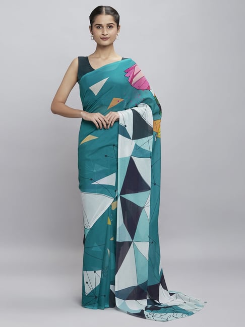 Navyasa Teal Liva Georgette Geometric Printed Saree With Coordinated Unstitched Blouse Piece Price in India