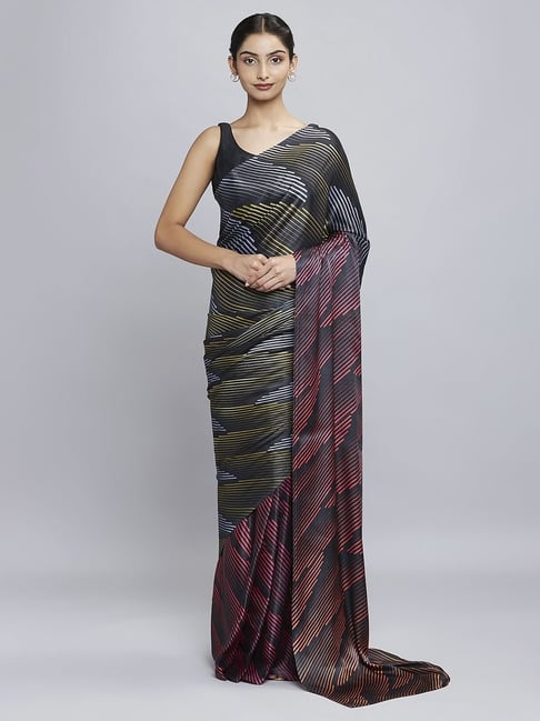 Navyasa Black Liva Satin Geometric Printed Saree With Coordinated Unstitched Blouse Piece Price in India