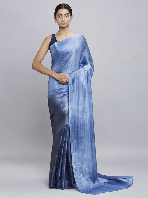 Navyasa Navy-Sky Blue Liva Satin Geometric Printed Saree With Coordinated Unstitched Blouse Piece Price in India