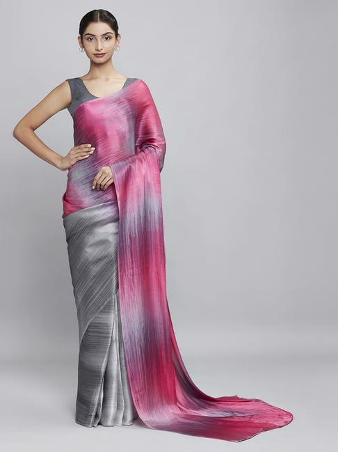 Navyasa Grey-Pink Liva Satin Geometric Printed Saree With Coordinated Unstitched Blouse Piece Price in India