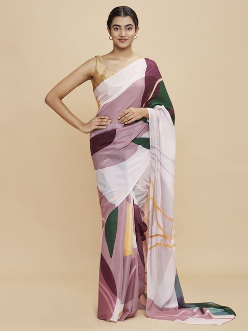 Navyasa Light Pink Liva Lite Geometric Printed Saree With Coordinated Unstitched Blouse Piece Price in India