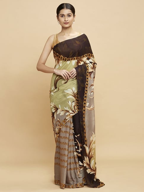 Navyasa Brown Liva Lite Floral Printed Saree With Coordinated Unstitched Blouse Piece Price in India