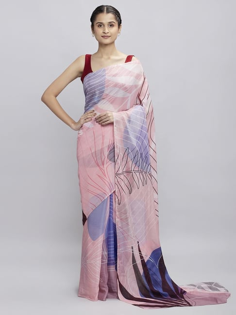 Navyasa Pink Liva Lite Geometric Printed Saree With Coordinated Unstitched Blouse Piece Price in India