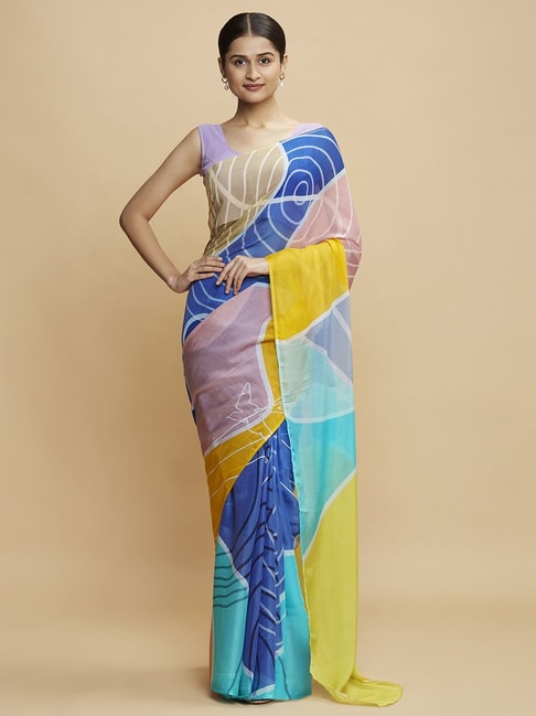Navyasa Blue Liva Lite Geometric Printed Saree With Coordinated Unstitched Blouse Piece Price in India