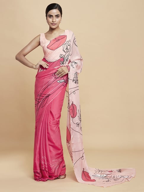 Navyasa Pink Liva Lite Abstract Printed Saree With Coordinated Unstitched Blouse Piece Price in India