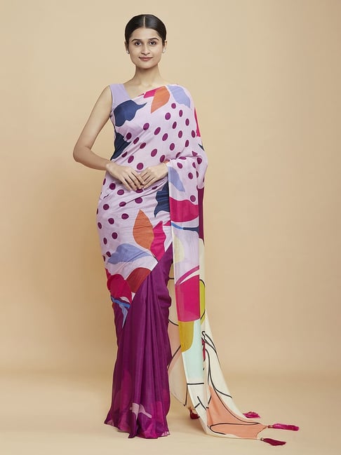 Navyasa Wine Liva Organza Floral Printed Saree With Coordinated Unstitched Blouse Piece Price in India