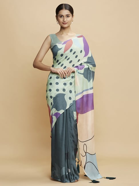 Navyasa Teal Liva Organza Floral Printed Saree With Coordinated Unstitched Blouse Piece Price in India