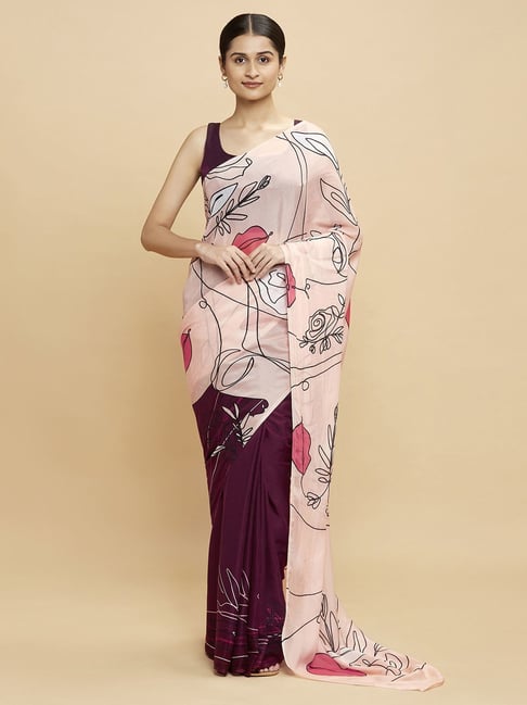 Navyasa Maroon Liva Lite Abstract Printed Saree With Coordinated Unstitched Blouse Piece Price in India