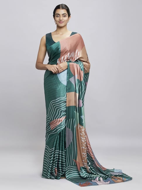 Navyasa Emerald Green Liva Satin Geometric Printed Saree With Coordinated Unstitched Blouse Piece Price in India