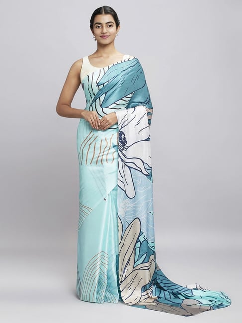 Navyasa Light Blue Liva Satin Floral Printed Saree With Coordinated Unstitched Blouse Piece Price in India
